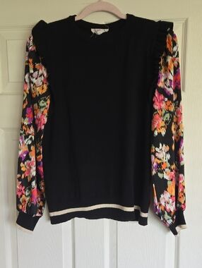 THML Black Sweater with Vibrant Floral Silky Sleeves Medium
